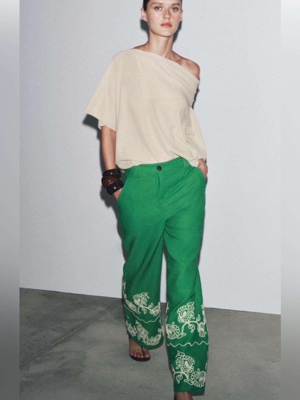Zara Green Wide-Leg Embroidered Hem Pants